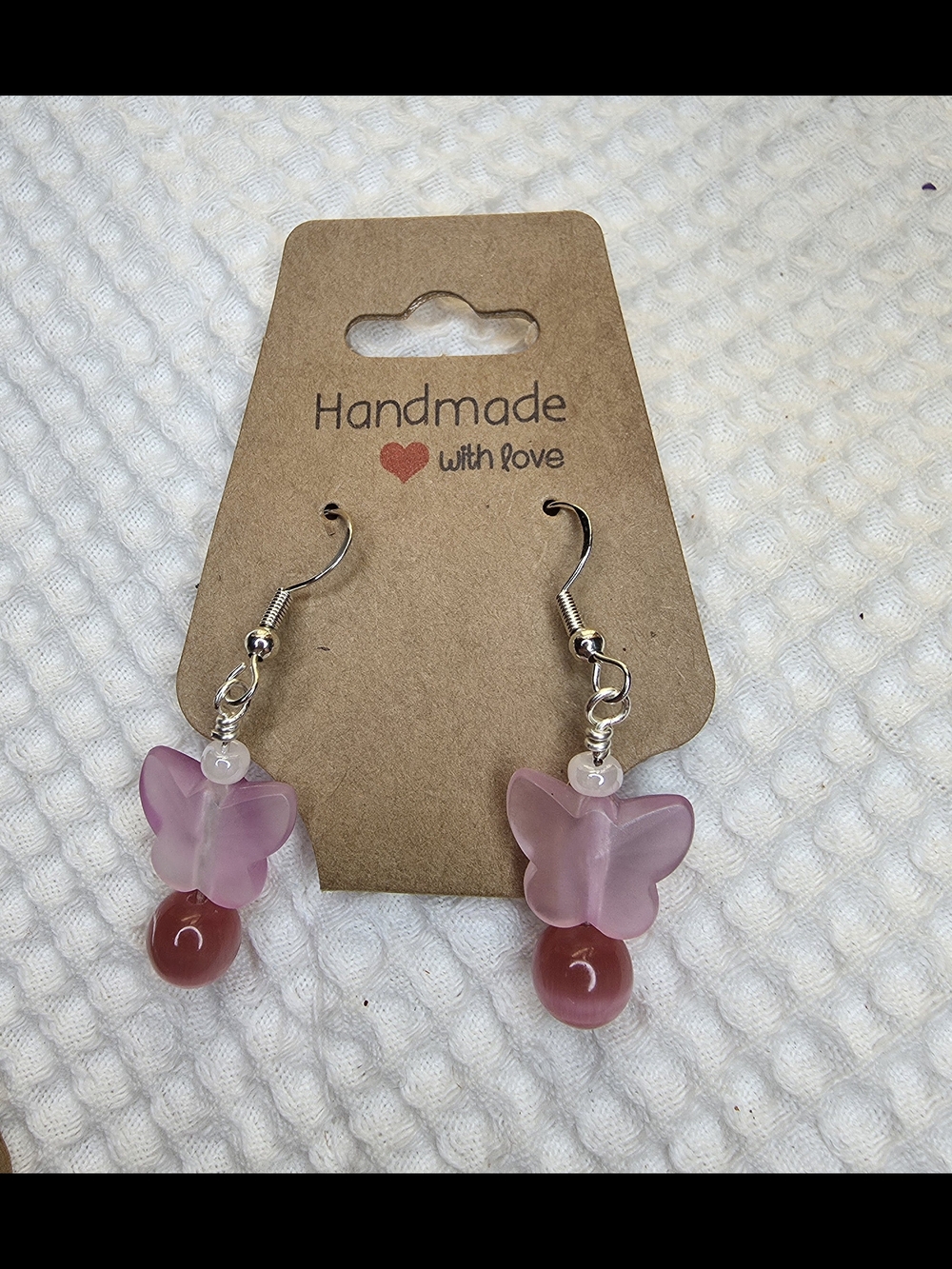 Pink Butterfly Drop Earrings with Rose Bead Accents
